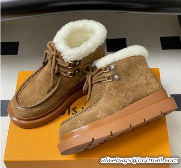 Top Grade Louis Vuitton Cortina Platform Low Boots 5cm in Suede and Wool Brown 1AIUFW 1219070