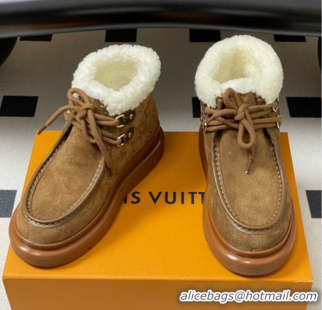 Top Grade Louis Vuitton Cortina Platform Low Boots 5cm in Suede and Wool Brown 1AIUFW 1219070
