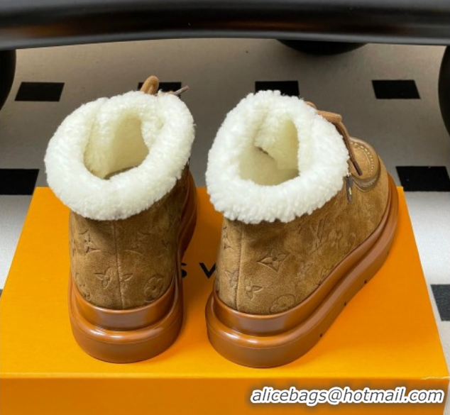 Top Grade Louis Vuitton Cortina Platform Low Boots 5cm in Suede and Wool Brown 1AIUFW 1219070