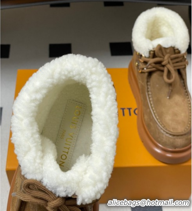 Top Grade Louis Vuitton Cortina Platform Low Boots 5cm in Suede and Wool Brown 1AIUFW 1219070