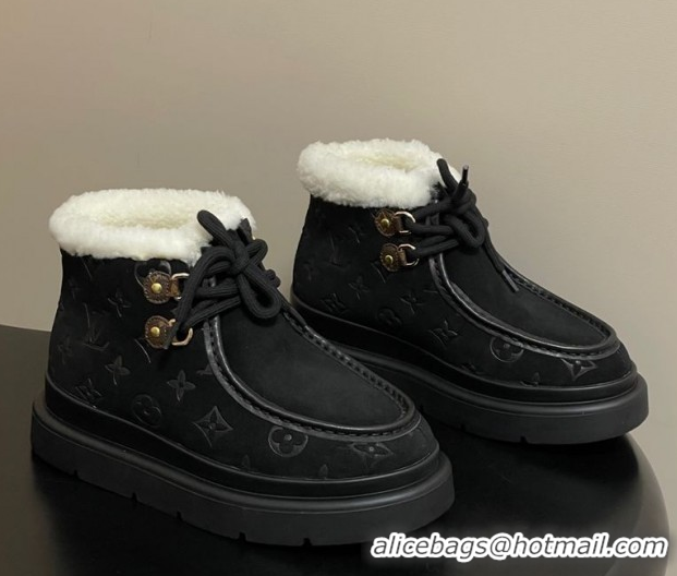 Good Looking Louis Vuitton Cortina Platform Low Boots 5cm in Suede and Wool Black 1AIUFW 1219068