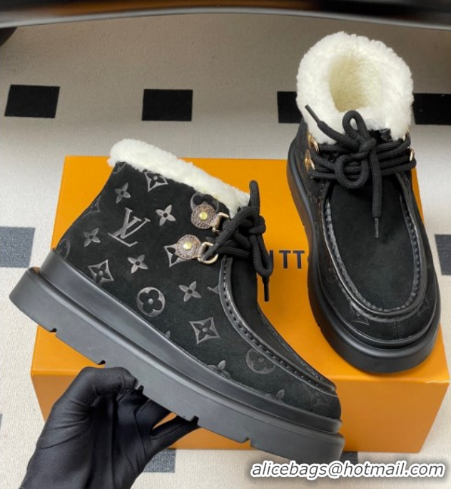 Good Looking Louis Vuitton Cortina Platform Low Boots 5cm in Suede and Wool Black 1AIUFW 1219068