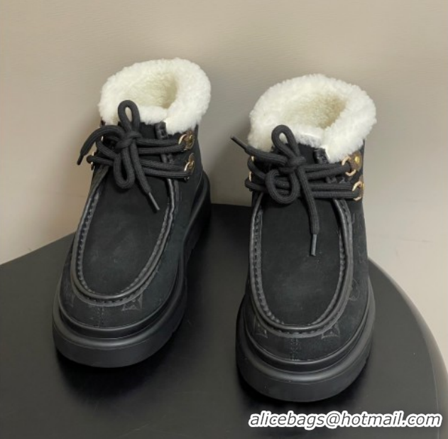 Good Looking Louis Vuitton Cortina Platform Low Boots 5cm in Suede and Wool Black 1AIUFW 1219068