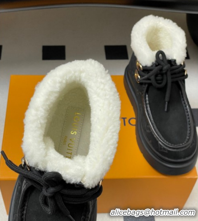 Good Looking Louis Vuitton Cortina Platform Low Boots 5cm in Suede and Wool Black 1AIUFW 1219068