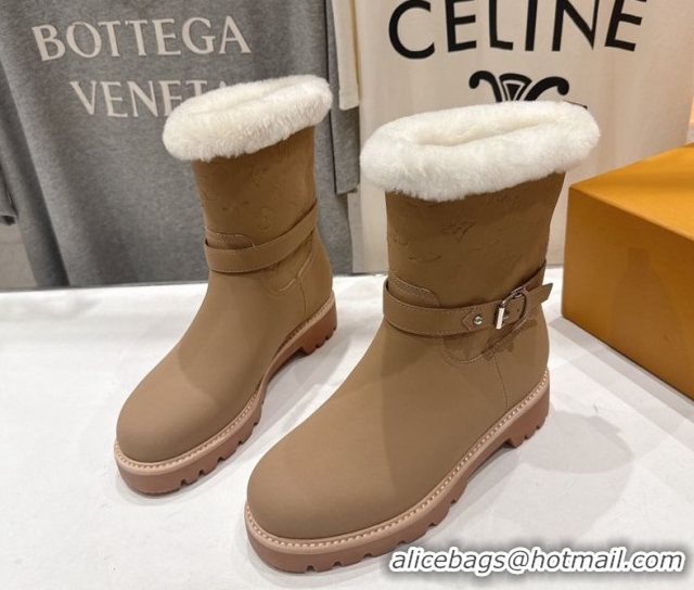 Top Design Louis Vuitton Territory Ankle Boots in Nubuck Leather and Wool with Buckle Beige 1AIU42 1219081