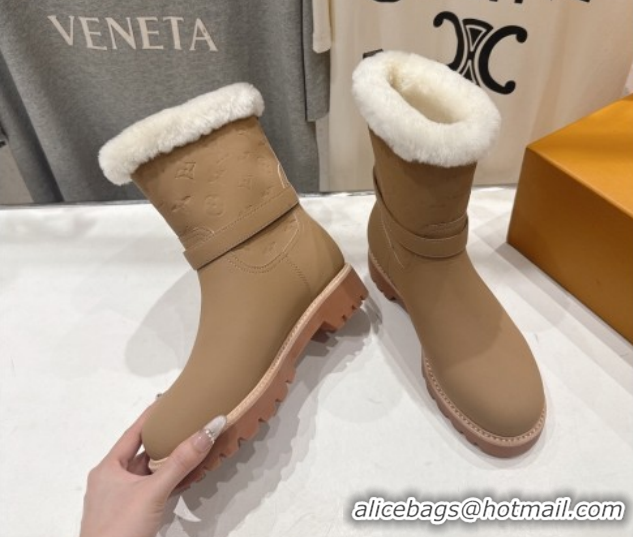 Top Design Louis Vuitton Territory Ankle Boots in Nubuck Leather and Wool with Buckle Beige 1AIU42 1219081