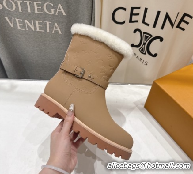 Top Design Louis Vuitton Territory Ankle Boots in Nubuck Leather and Wool with Buckle Beige 1AIU42 1219081