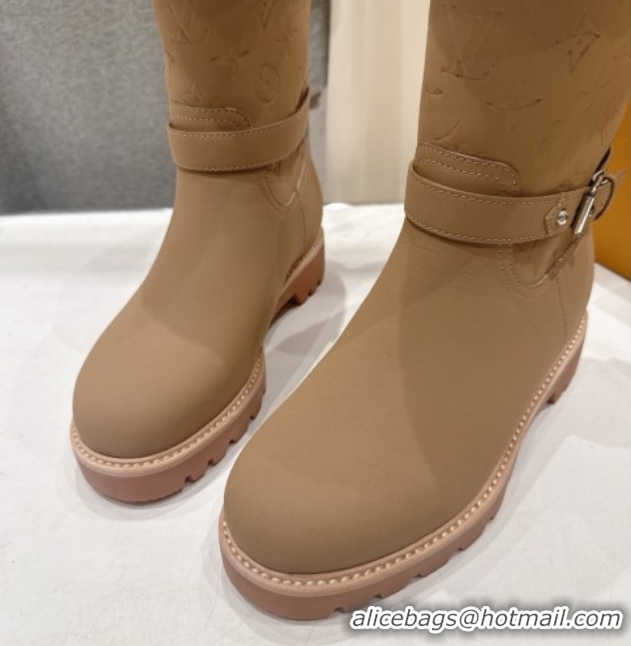 Top Design Louis Vuitton Territory Ankle Boots in Nubuck Leather and Wool with Buckle Beige 1AIU42 1219081