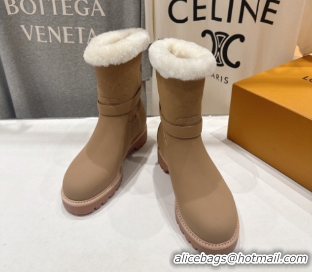 Top Design Louis Vuitton Territory Ankle Boots in Nubuck Leather and Wool with Buckle Beige 1AIU42 1219081