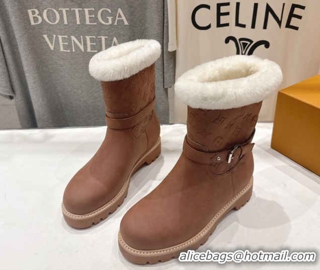 Luxury Louis Vuitton Territory Ankle Boots in Nubuck Leather and Wool with Buckle Brown 1AIU42 1219083