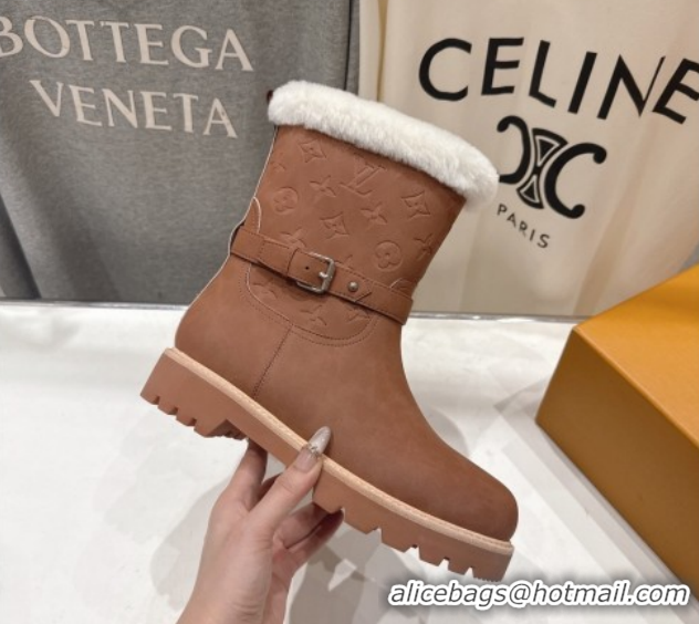 Luxury Louis Vuitton Territory Ankle Boots in Nubuck Leather and Wool with Buckle Brown 1AIU42 1219083