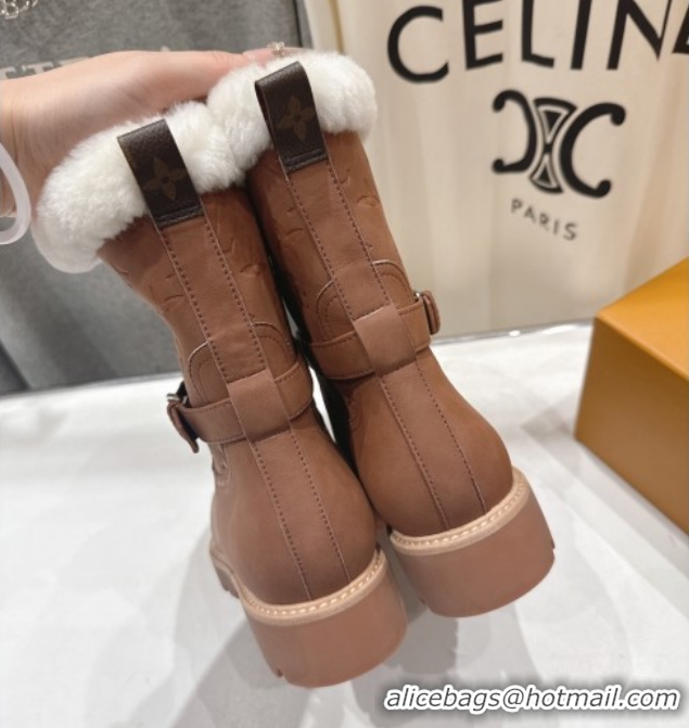Luxury Louis Vuitton Territory Ankle Boots in Nubuck Leather and Wool with Buckle Brown 1AIU42 1219083