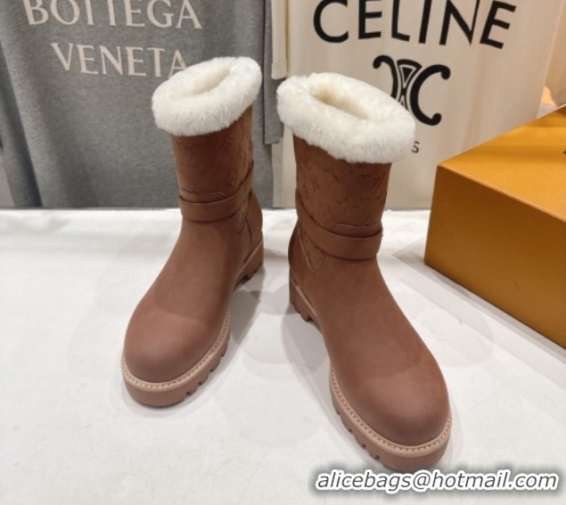 Luxury Louis Vuitton Territory Ankle Boots in Nubuck Leather and Wool with Buckle Brown 1AIU42 1219083