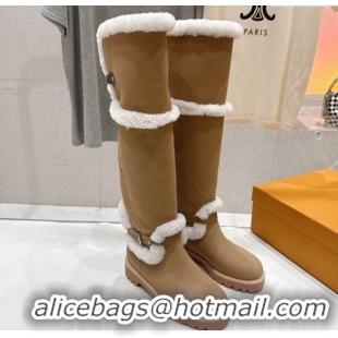 Top Grade Louis Vuitton Territory Flat Thigh High Boots in Nubuck Leather and Wool Beige 1AIUE0 1219084