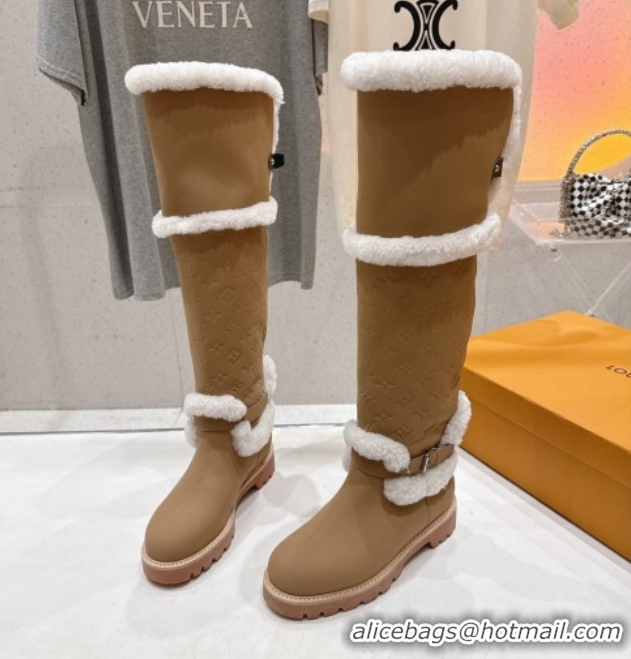 Top Grade Louis Vuitton Territory Flat Thigh High Boots in Nubuck Leather and Wool Beige 1AIUE0 1219084