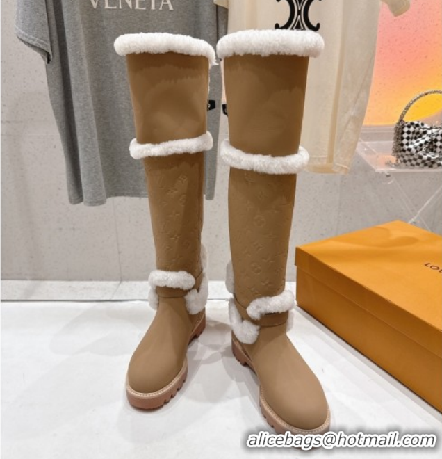 Top Grade Louis Vuitton Territory Flat Thigh High Boots in Nubuck Leather and Wool Beige 1AIUE0 1219084