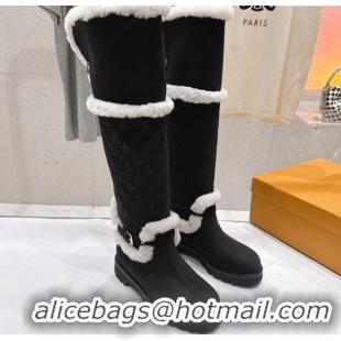Stylish Louis Vuitton Territory Flat Thigh High Boots in Nubuck Leather and Wool Black 1AIUE0 1219085