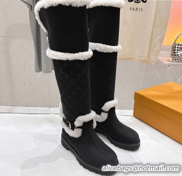Stylish Louis Vuitton Territory Flat Thigh High Boots in Nubuck Leather and Wool Black 1AIUE0 1219085