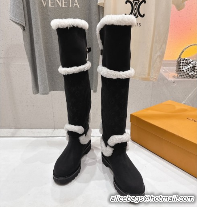 Stylish Louis Vuitton Territory Flat Thigh High Boots in Nubuck Leather and Wool Black 1AIUE0 1219085