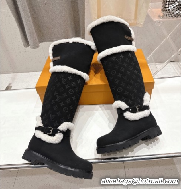 Stylish Louis Vuitton Territory Flat Thigh High Boots in Nubuck Leather and Wool Black 1AIUE0 1219085