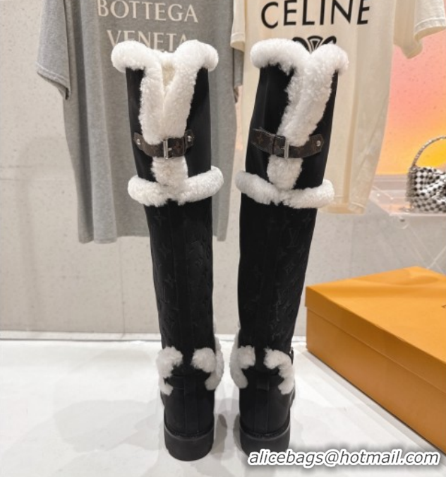 Stylish Louis Vuitton Territory Flat Thigh High Boots in Nubuck Leather and Wool Black 1AIUE0 1219085