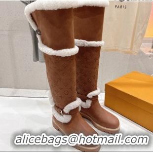 Good Looking Louis Vuitton Territory Flat Thigh High Boots in Nubuck Leather and Wool Brown 1AIUE0 1219086