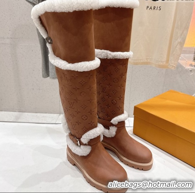 Good Looking Louis Vuitton Territory Flat Thigh High Boots in Nubuck Leather and Wool Brown 1AIUE0 1219086