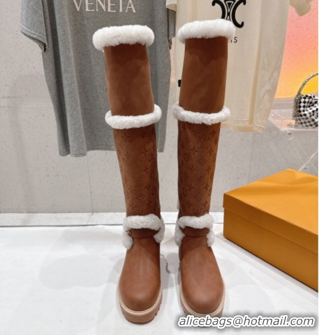 Good Looking Louis Vuitton Territory Flat Thigh High Boots in Nubuck Leather and Wool Brown 1AIUE0 1219086