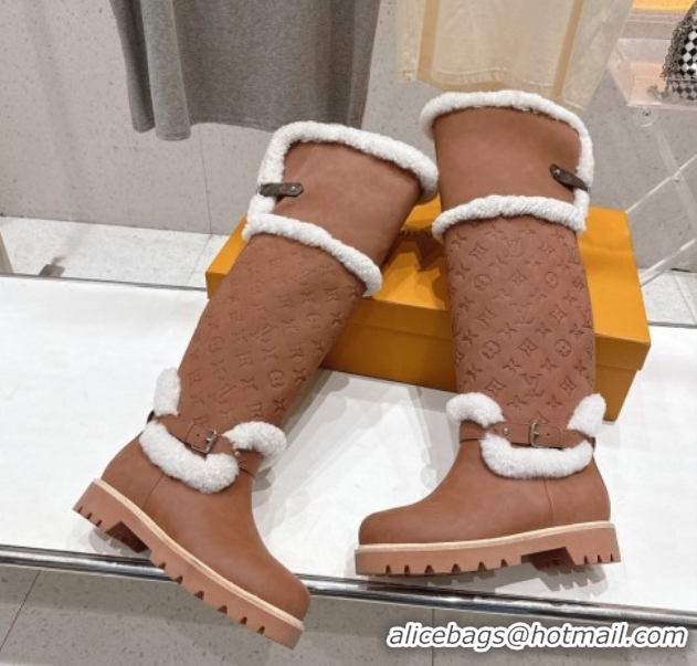 Good Looking Louis Vuitton Territory Flat Thigh High Boots in Nubuck Leather and Wool Brown 1AIUE0 1219086