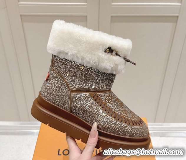 Popular Style Louis Vuitton Cortina Platform Ankle Boots in Suede with Strass Brown 1AIUEY 1219087