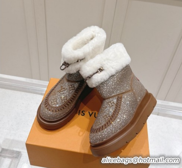 Popular Style Louis Vuitton Cortina Platform Ankle Boots in Suede with Strass Brown 1AIUEY 1219087