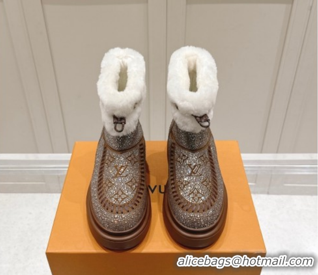 Popular Style Louis Vuitton Cortina Platform Ankle Boots in Suede with Strass Brown 1AIUEY 1219087