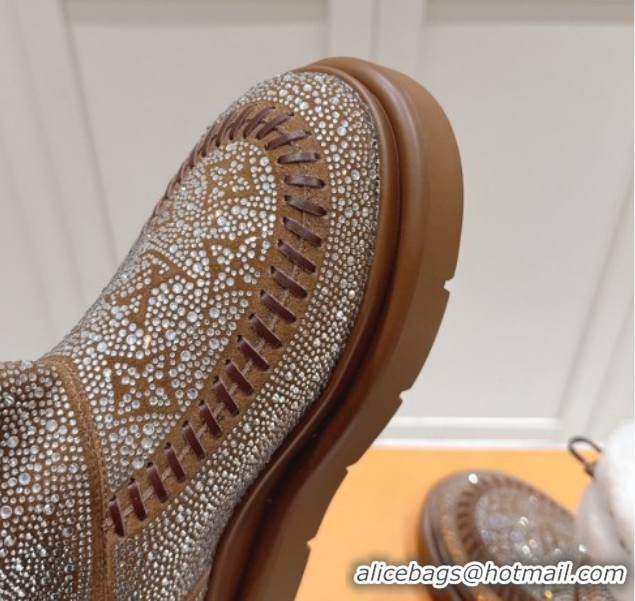 Popular Style Louis Vuitton Cortina Platform Ankle Boots in Suede with Strass Brown 1AIUEY 1219087