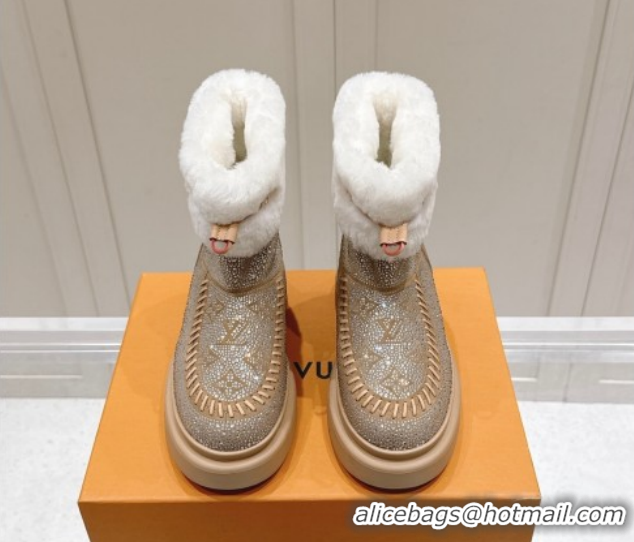 Charming Louis Vuitton Cortina Platform Ankle Boots in Suede with Strass Beige 1AIUEY 