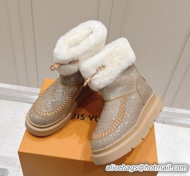 Charming Louis Vuitton Cortina Platform Ankle Boots in Suede with Strass Beige 1AIUEY 
