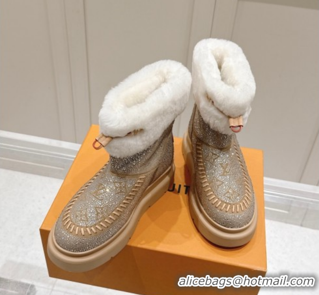 Charming Louis Vuitton Cortina Platform Ankle Boots in Suede with Strass Beige 1AIUEY 