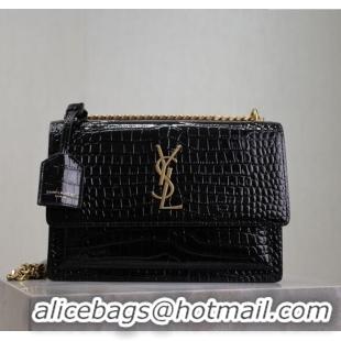 Promotional Saint Laurent Sunset Medium Bag in Crocodile Embossed Leather 442906 Black/Gold 2025