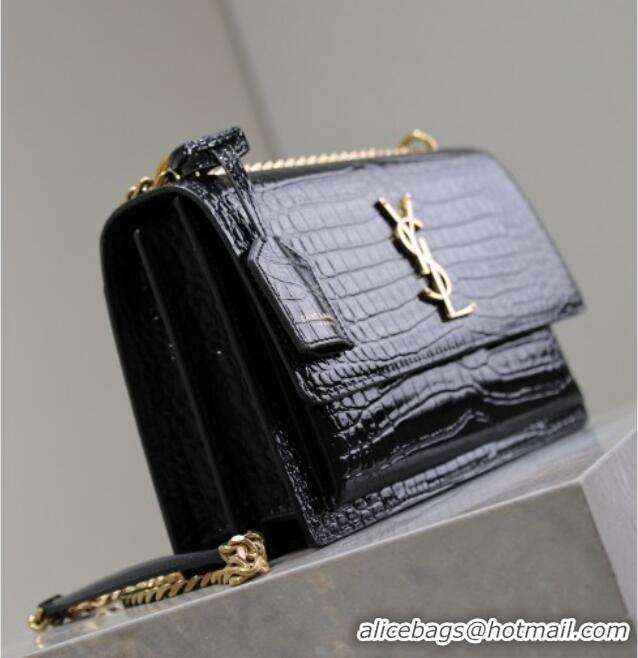 Promotional Saint Laurent Sunset Medium Bag in Crocodile Embossed Leather 442906 Black/Gold 2025