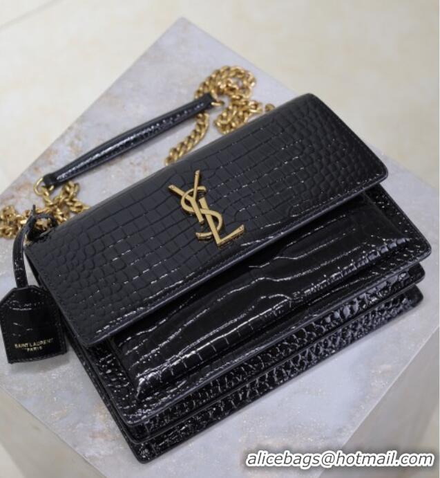 Promotional Saint Laurent Sunset Medium Bag in Crocodile Embossed Leather 442906 Black/Gold 2025