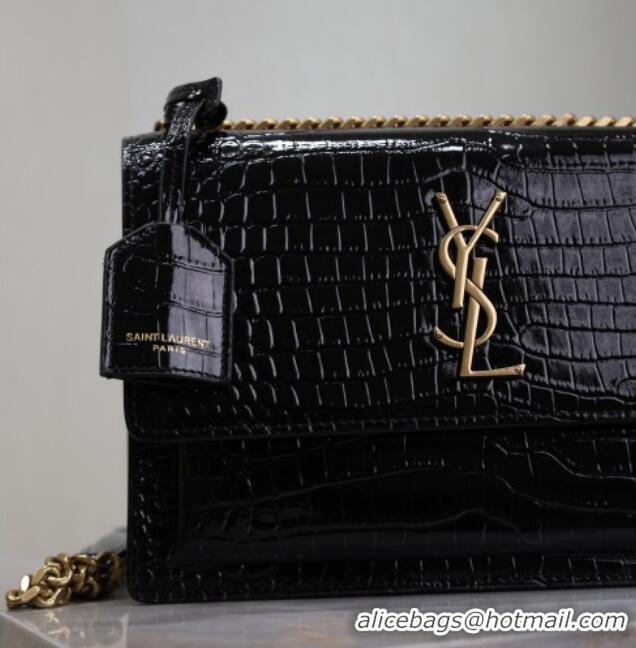 Promotional Saint Laurent Sunset Medium Bag in Crocodile Embossed Leather 442906 Black/Gold 2025