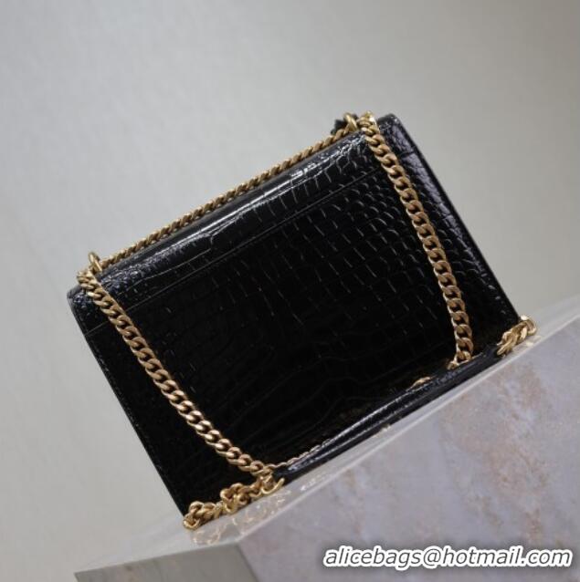 Promotional Saint Laurent Sunset Medium Bag in Crocodile Embossed Leather 442906 Black/Gold 2025