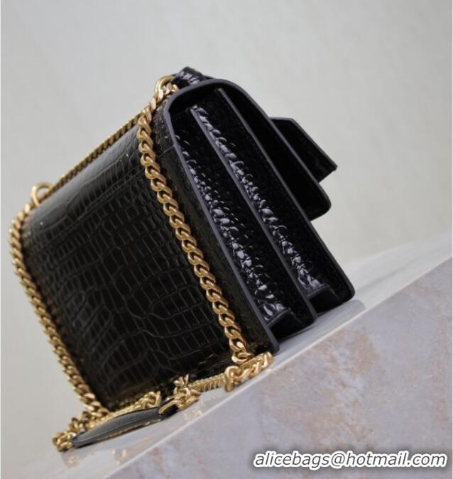 Promotional Saint Laurent Sunset Medium Bag in Crocodile Embossed Leather 442906 Black/Gold 2025