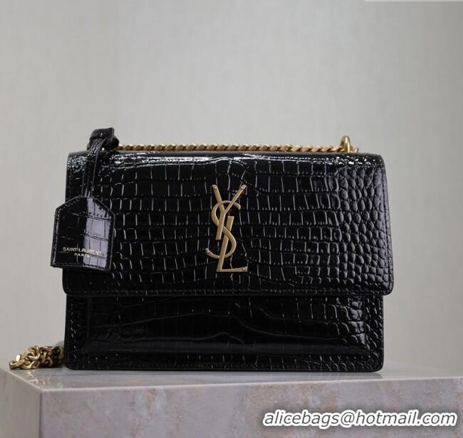 Promotional Saint Laurent Sunset Medium Bag in Crocodile Embossed Leather 442906 Black/Gold 2025