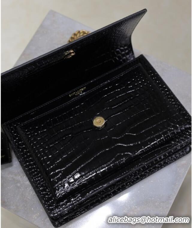 Promotional Saint Laurent Sunset Medium Bag in Crocodile Embossed Leather 442906 Black/Gold 2025
