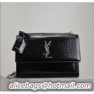 Trendy Design Saint Laurent Sunset Medium Bag in Crocodile Embossed Leather 442906 Black/Silver 2025