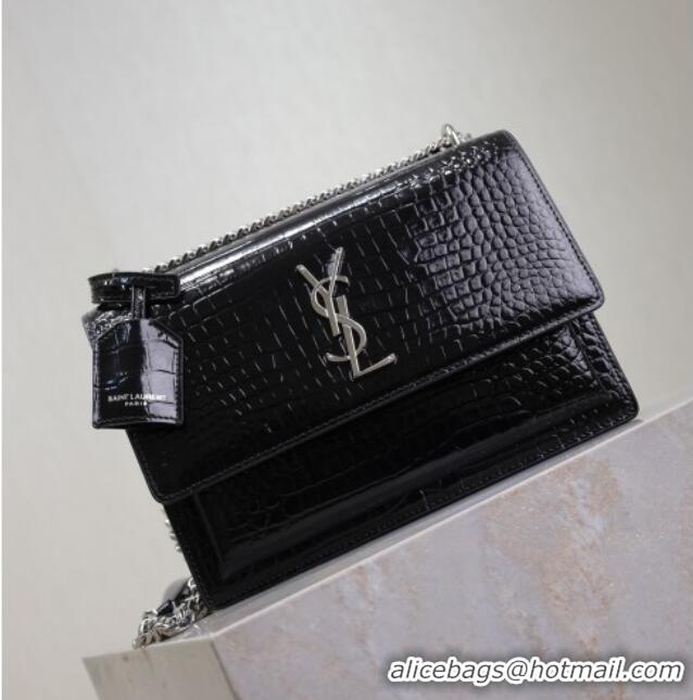Trendy Design Saint Laurent Sunset Medium Bag in Crocodile Embossed Leather 442906 Black/Silver 2025