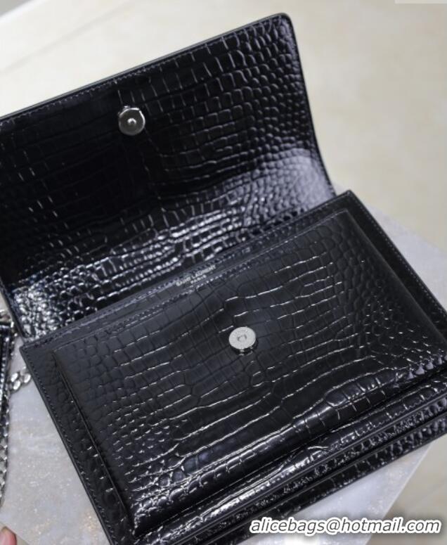 Trendy Design Saint Laurent Sunset Medium Bag in Crocodile Embossed Leather 442906 Black/Silver 2025
