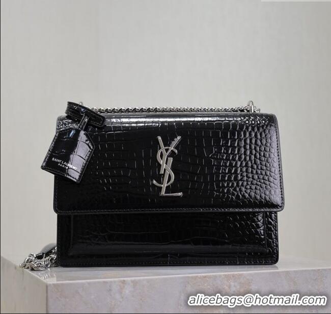 Trendy Design Saint Laurent Sunset Medium Bag in Crocodile Embossed Leather 442906 Black/Silver 2025