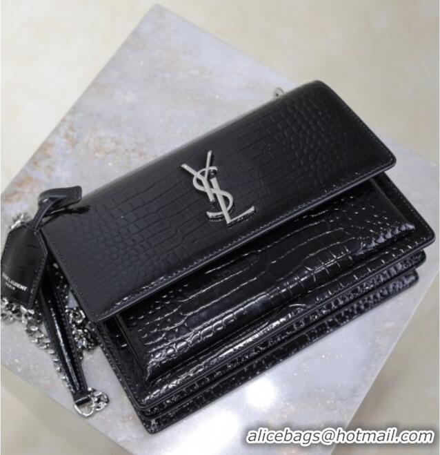 Trendy Design Saint Laurent Sunset Medium Bag in Crocodile Embossed Leather 442906 Black/Silver 2025