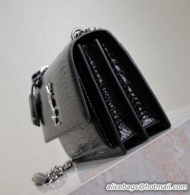 Trendy Design Saint Laurent Sunset Medium Bag in Crocodile Embossed Leather 442906 Black/Silver 2025